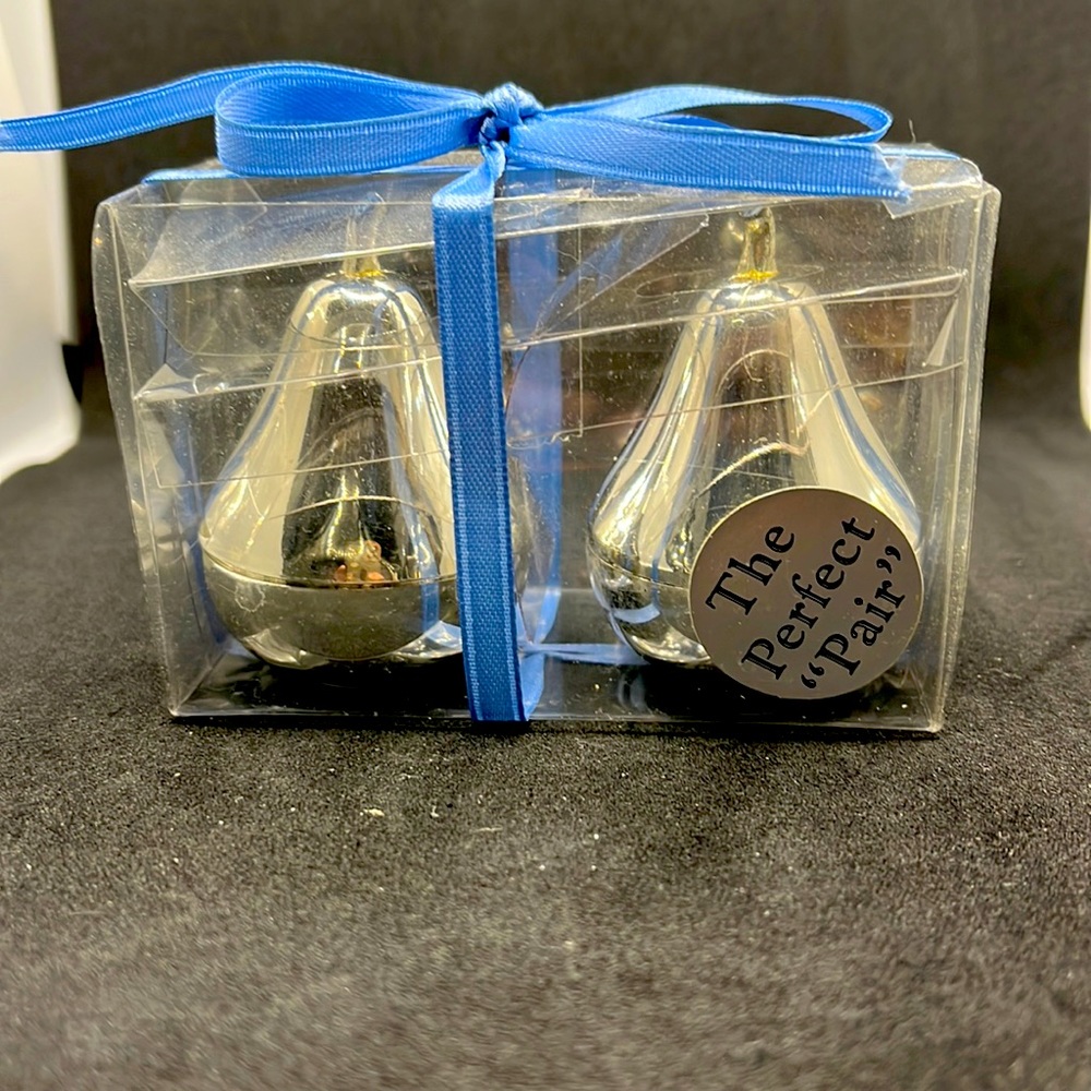SILVER-PLATED PEAR SHAPED SALT & PEPPER SHAKERS; NEVER USED